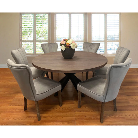 Meva Braxton 7-Piece Dining Set With 72" Round Dining Table and 3 Sets of Clive Mink Chairs