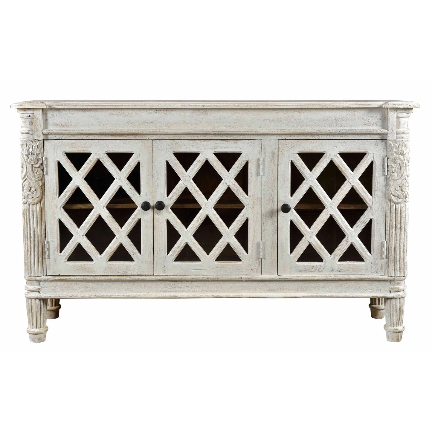 Meva Carmenita 58" 3-Door Antique White Sideboard With Glass Inserts