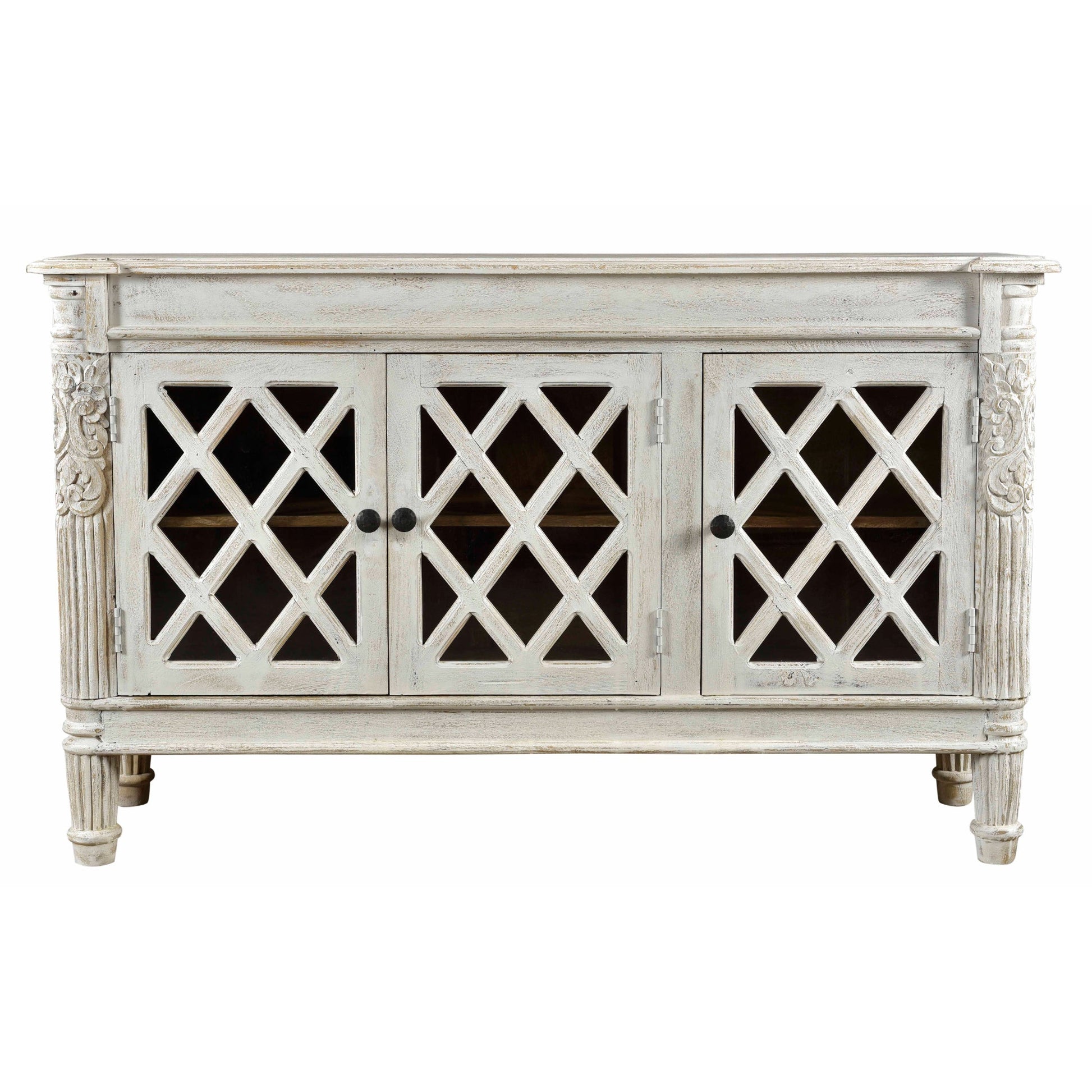 Meva Carmenita 58" 3-Door Antique White Sideboard With Glass Inserts