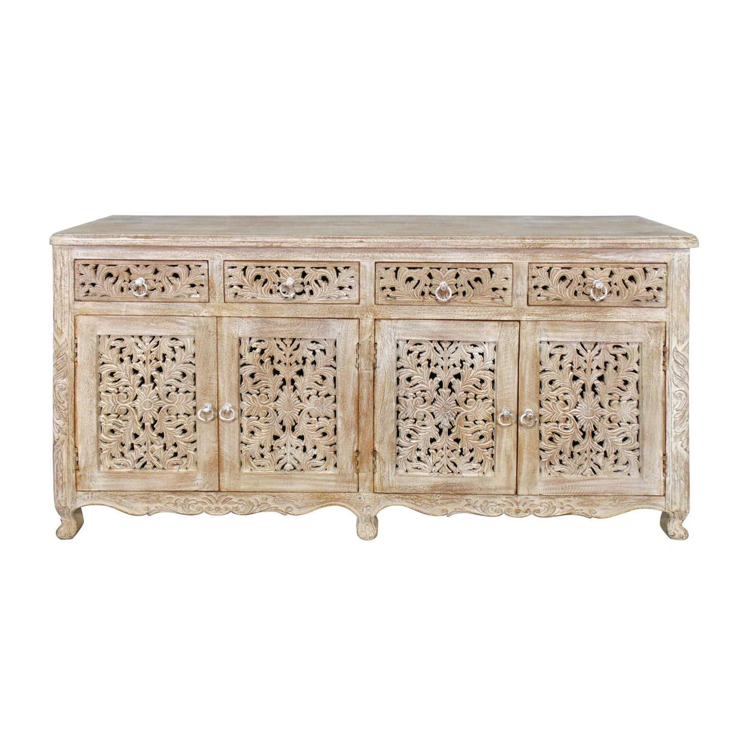 Meva Carter 66" 4-Drawer 4-Door White Wash Solid Wood Buffet