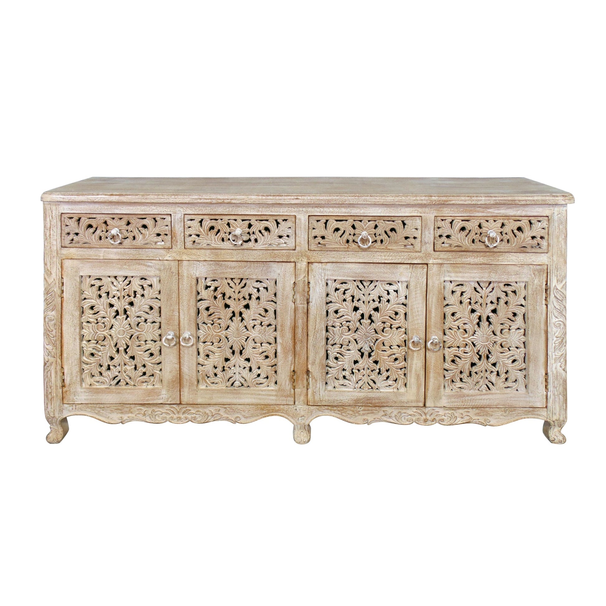 Meva Carter 66" 4-Drawer 4-Door White Wash Solid Wood Buffet