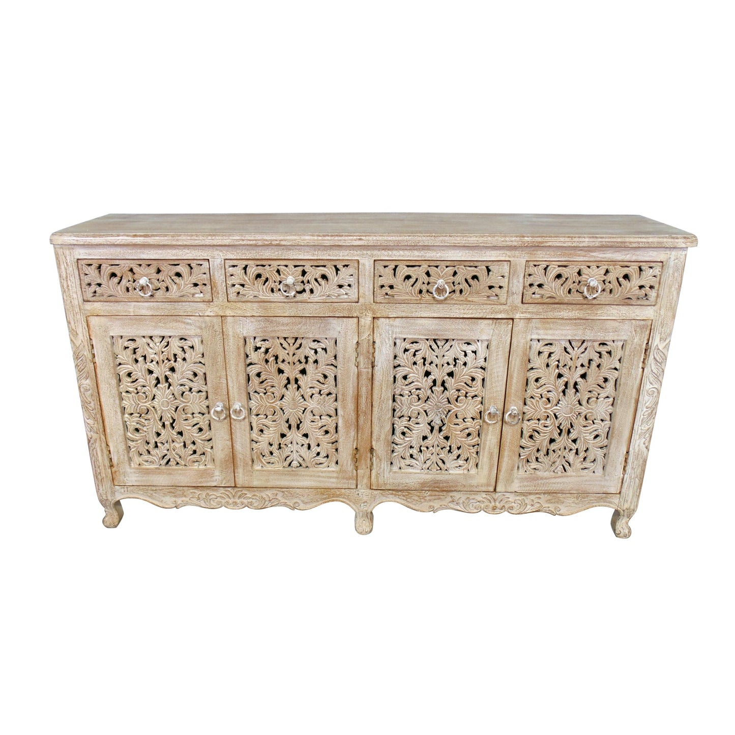 Meva Carter 66" 4-Drawer 4-Door White Wash Solid Wood Buffet
