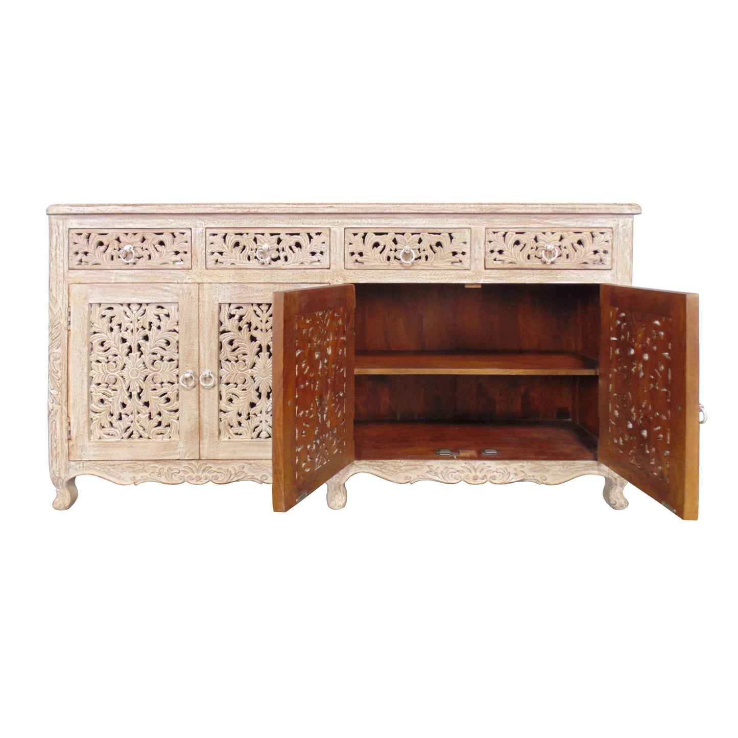 Meva Carter 66" 4-Drawer 4-Door White Wash Solid Wood Buffet
