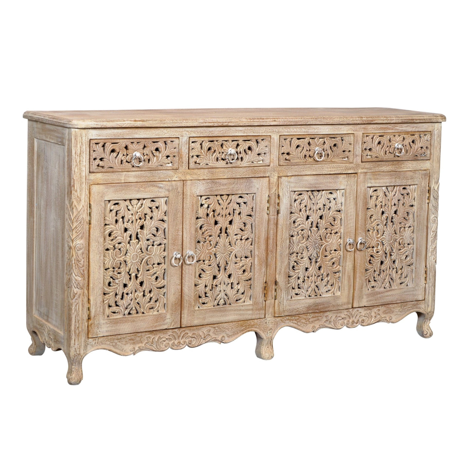 Meva Carter 66" 4-Drawer 4-Door White Wash Solid Wood Buffet