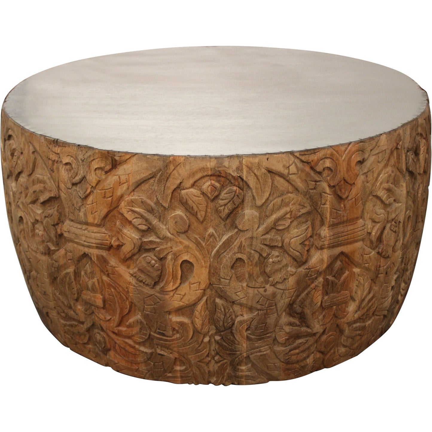 Meva Carter Cruz 32" White Wash Hand-carved Solid Mango Wood Cocktail Table With Zinc Top