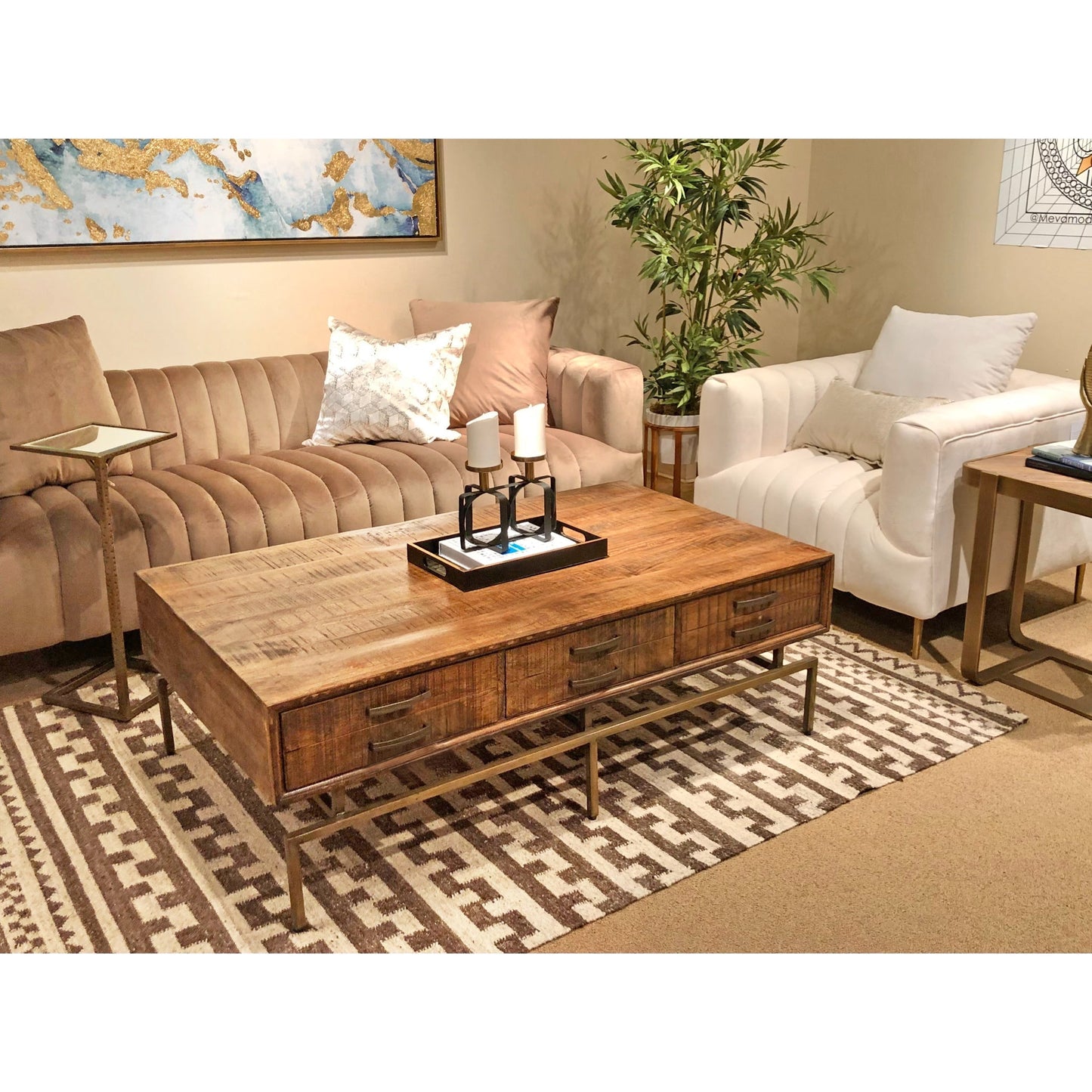 Meva Goldbust 56" 6-Drawer Brown Solid Mango Wood Cocktail Table