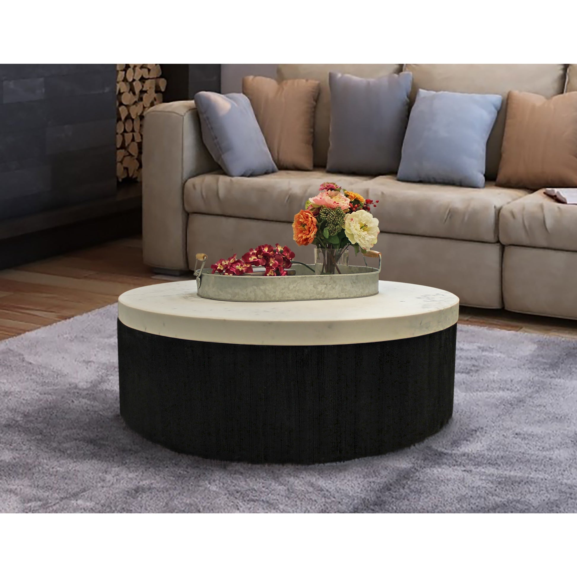 Meva Jameson 36" Black Marble Cocktail Table With Wooden Base