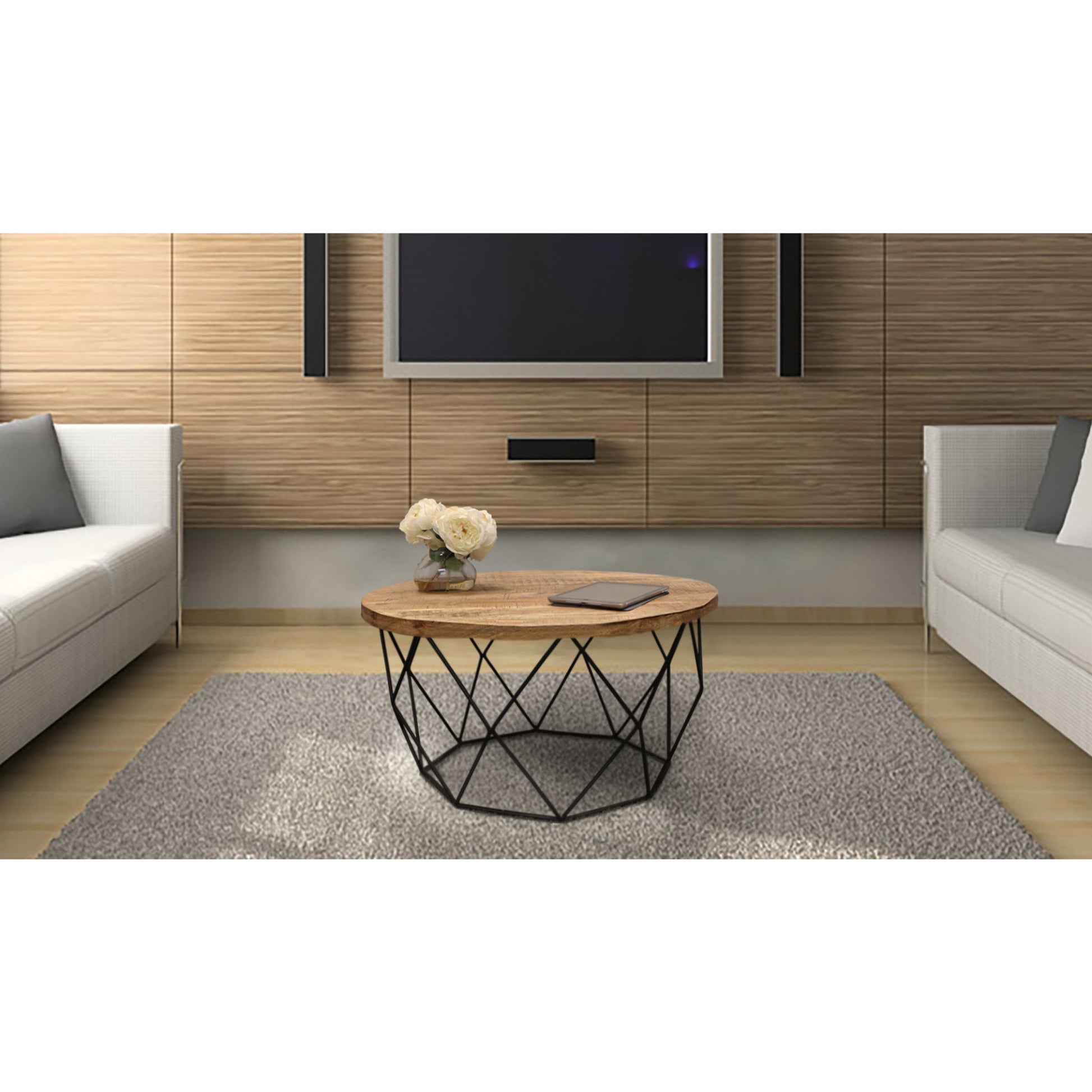 Meva Mata 32" Natural Round Solid Mango Wood Cocktail Table With Iron Legs
