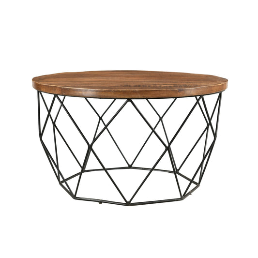 Meva Mata 32" Natural Round Solid Mango Wood Cocktail Table With Iron Legs