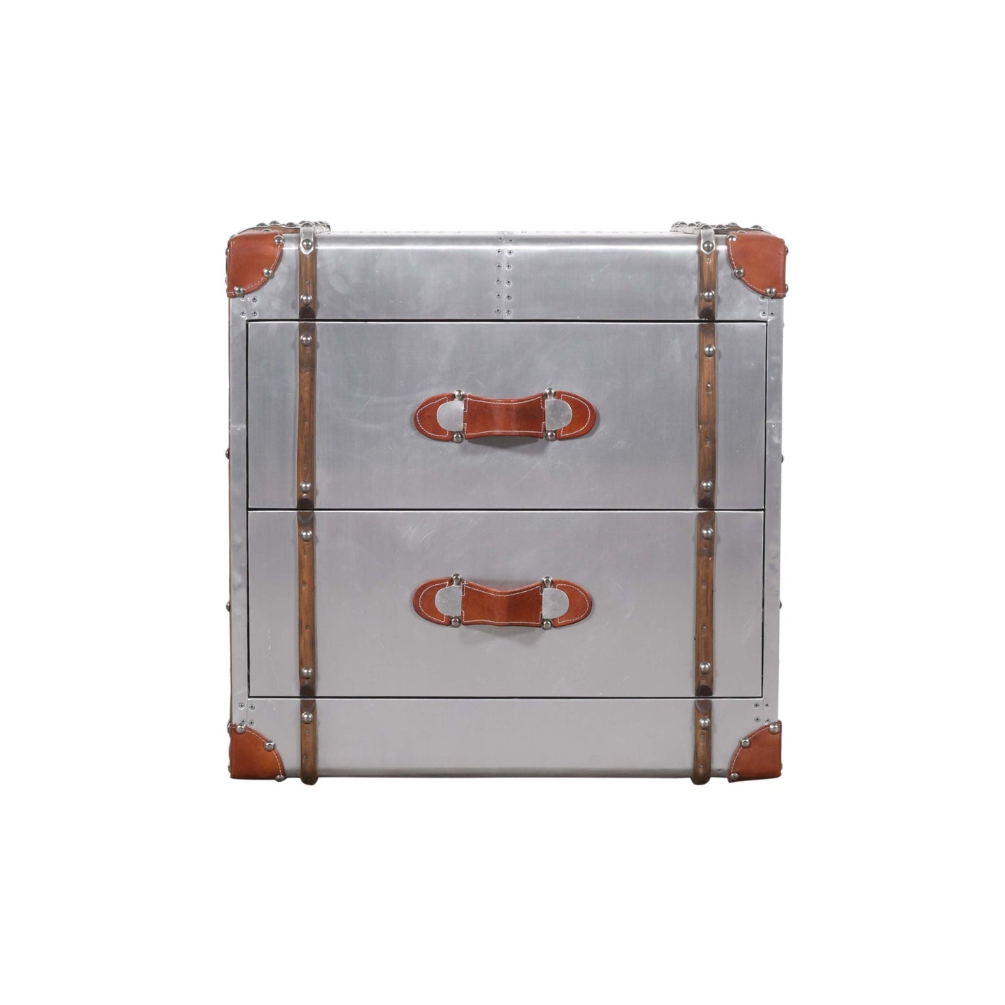 Meva Pilot 24" 2-Drawer Silver Nightstand With Decorative Leather and Pulls