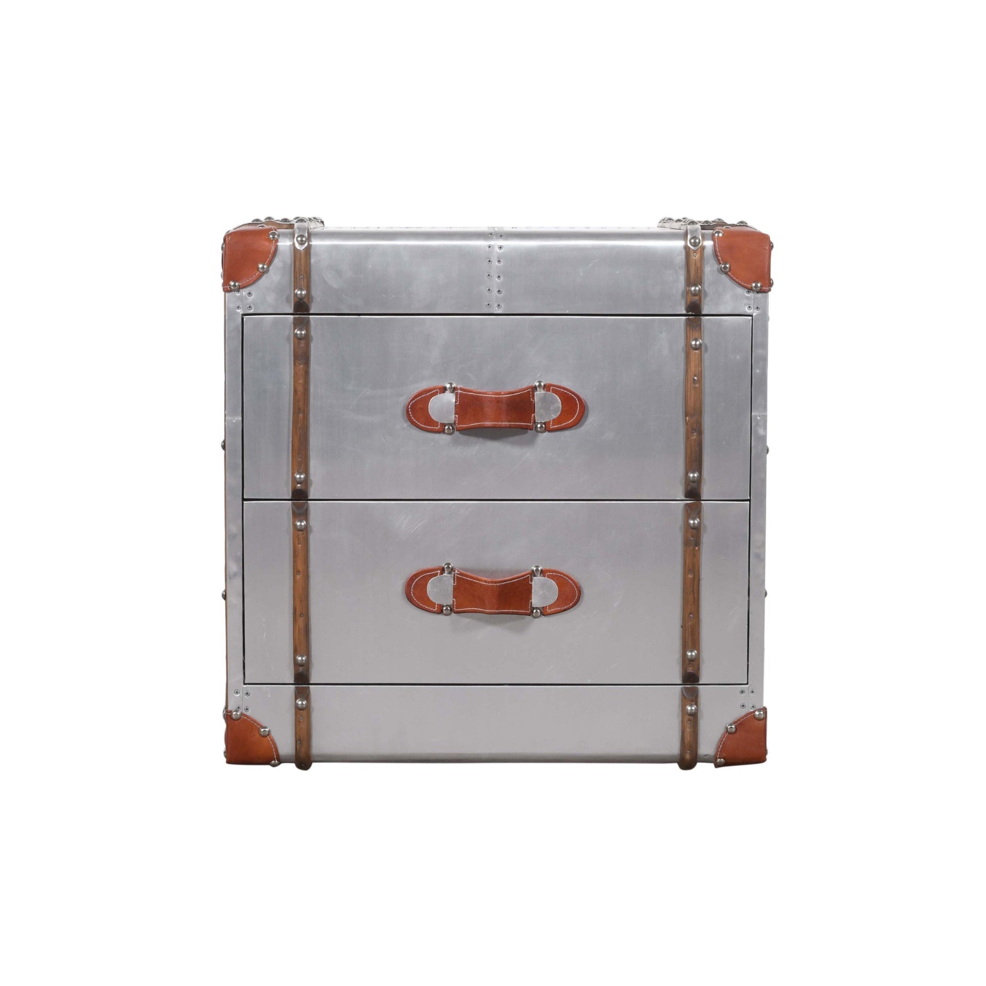 Meva Pilot 24" 2-Drawer Silver Nightstand With Decorative Leather and Pulls
