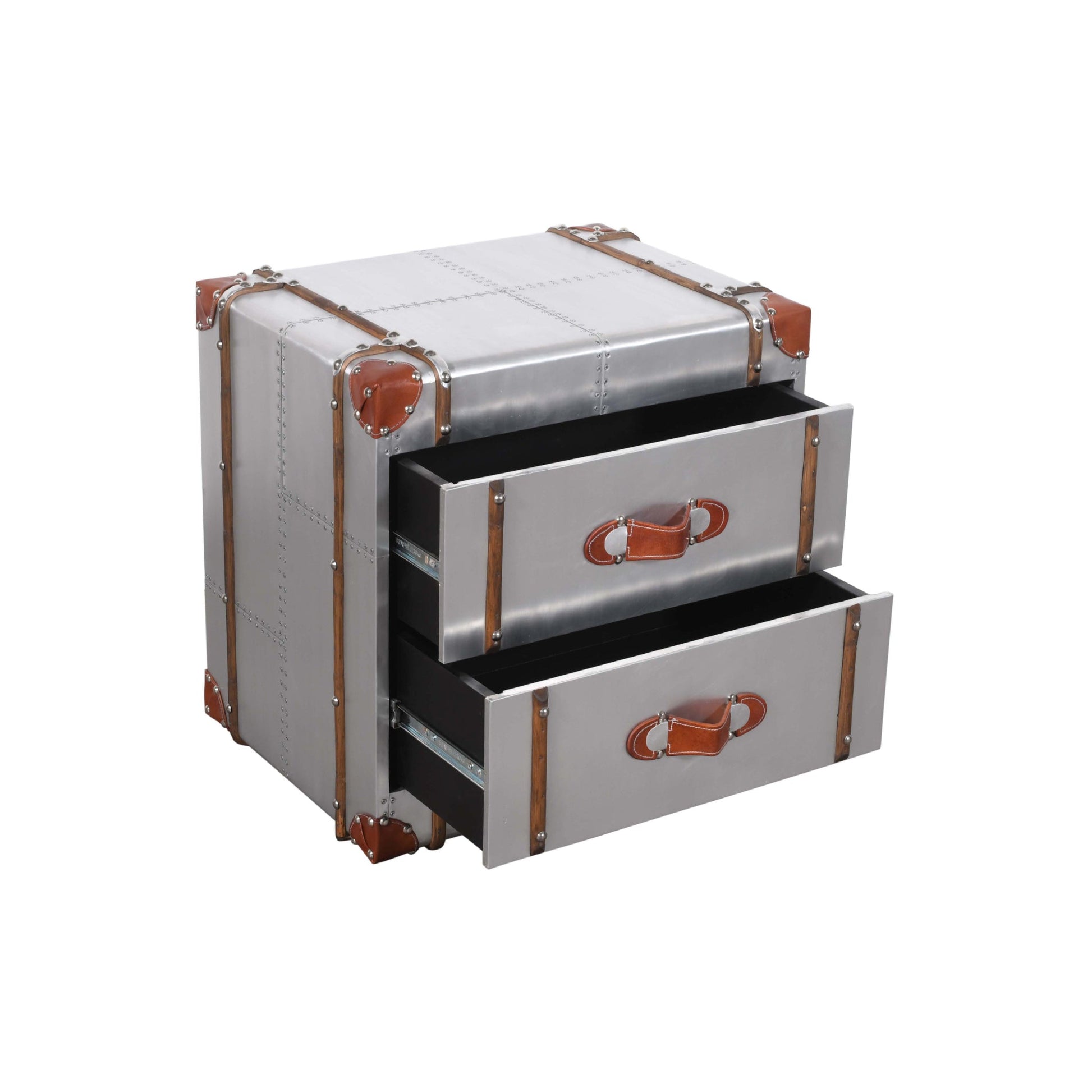 Meva Pilot 24" 2-Drawer Silver Nightstand With Decorative Leather and Pulls
