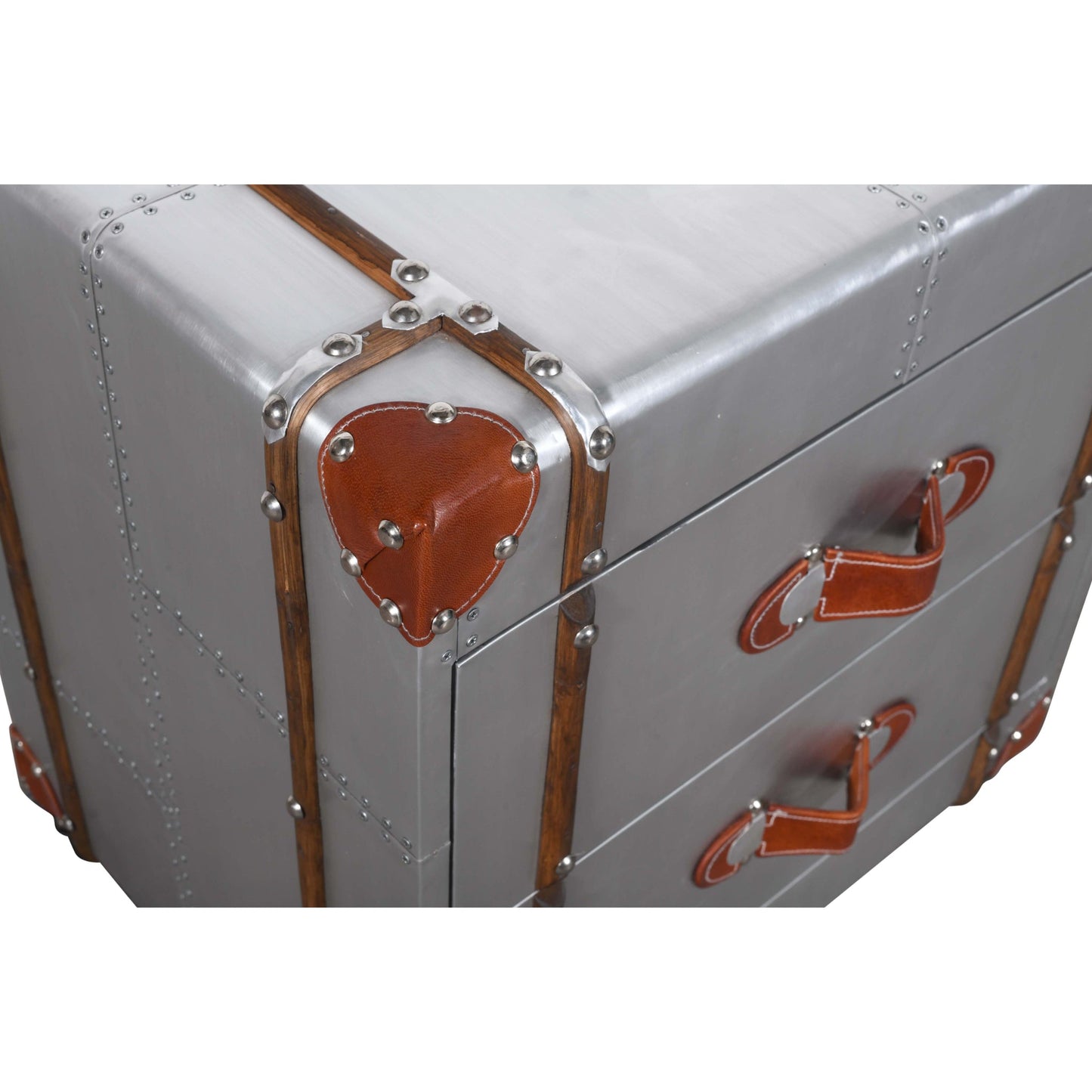 Meva Pilot 24" 2-Drawer Silver Nightstand With Decorative Leather and Pulls