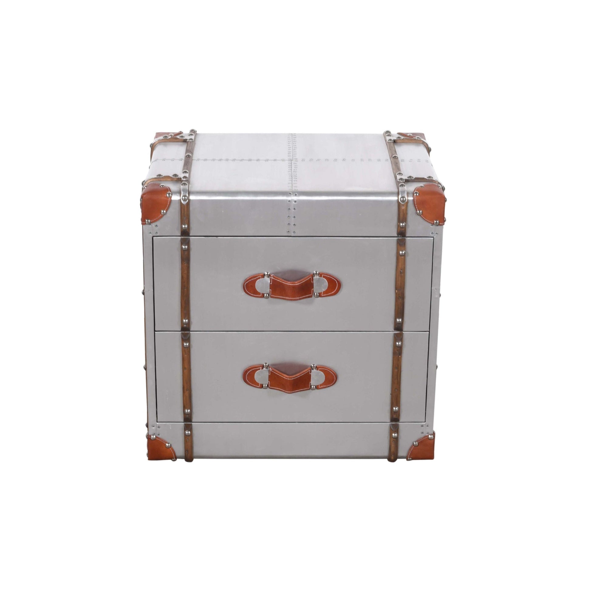 Meva Pilot 24" 2-Drawer Silver Nightstand With Decorative Leather and Pulls