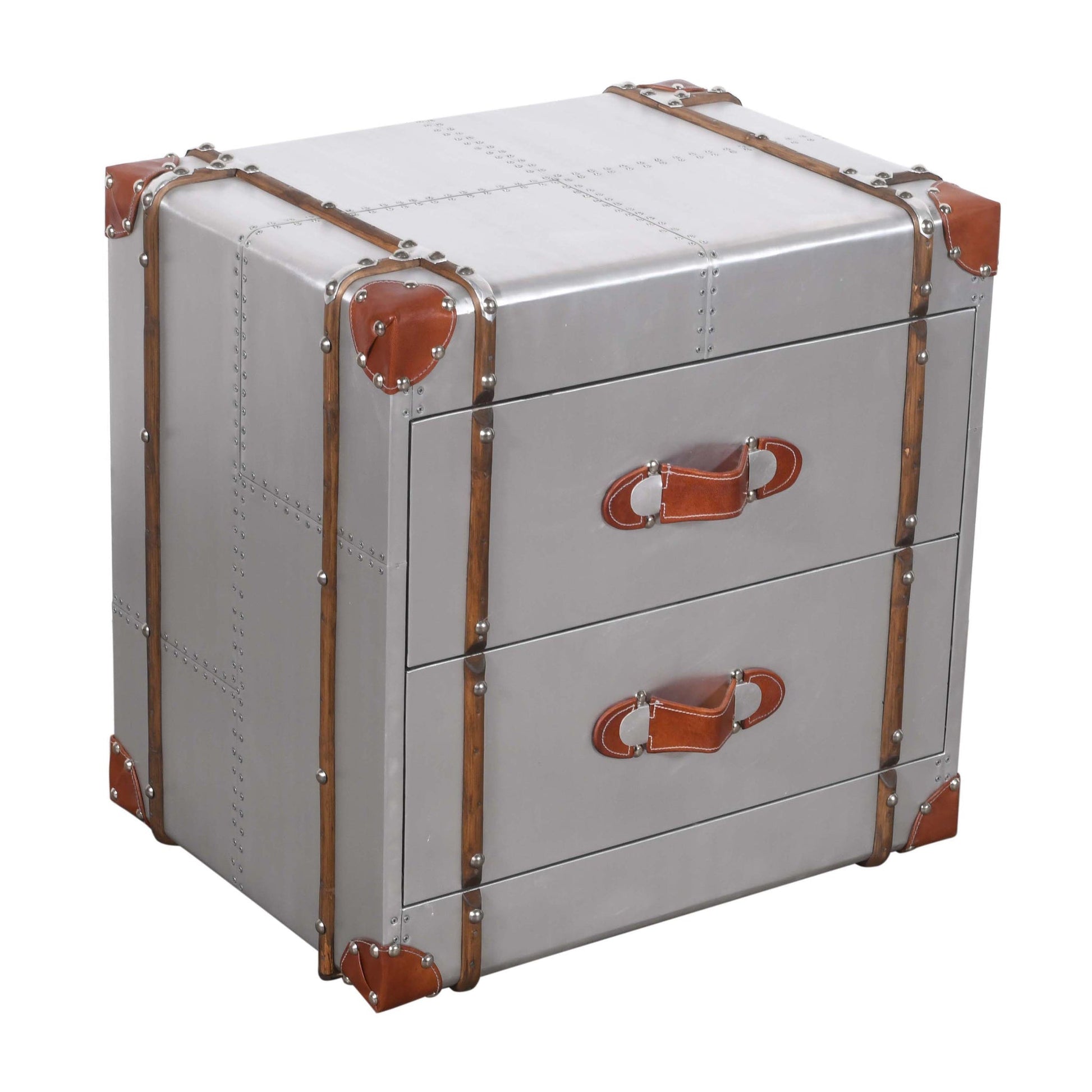 Meva Pilot 24" 2-Drawer Silver Nightstand With Decorative Leather and Pulls