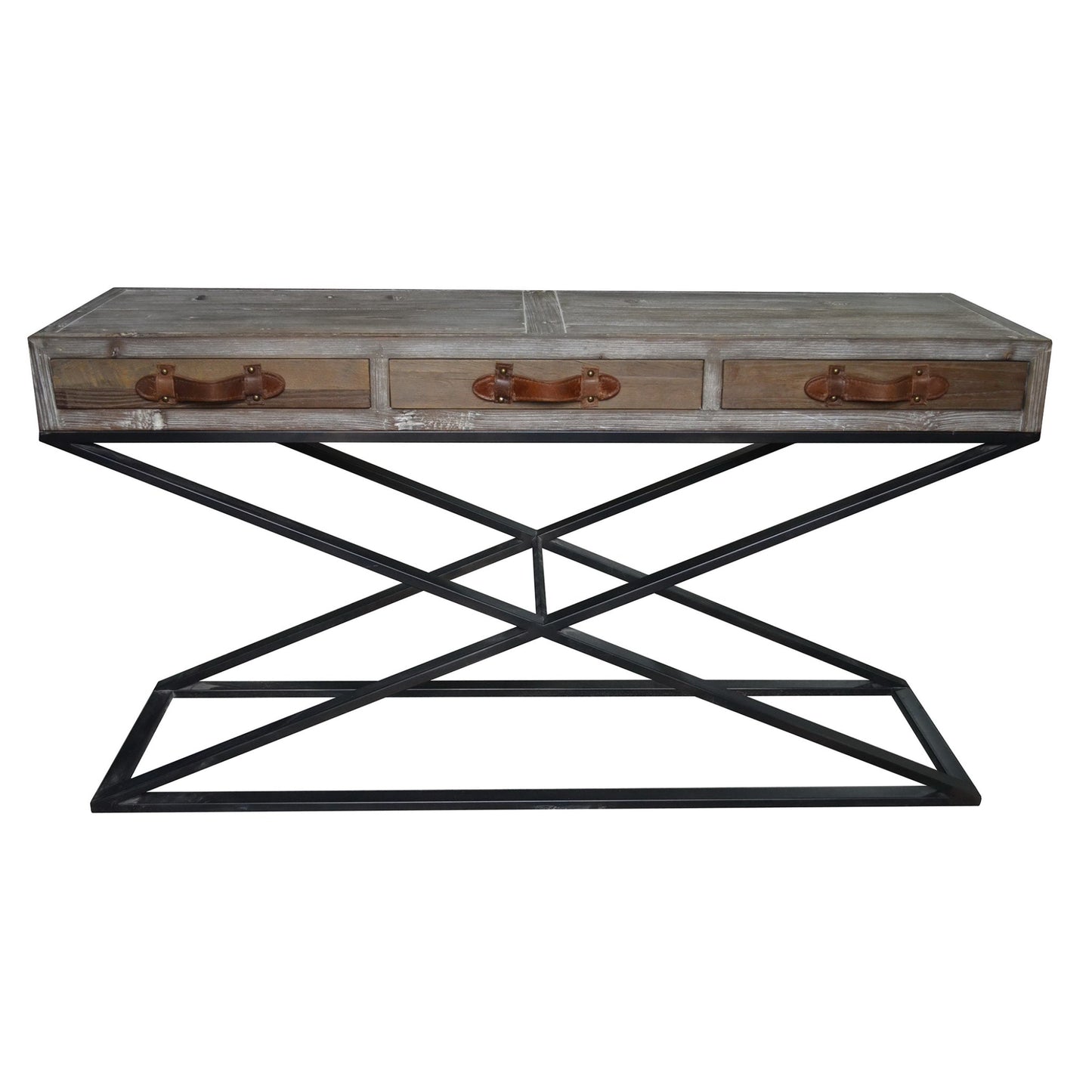 Meva Syracuse Fin 63" 3-Drawer Brown Reclaimed Wood and Metal Console Table