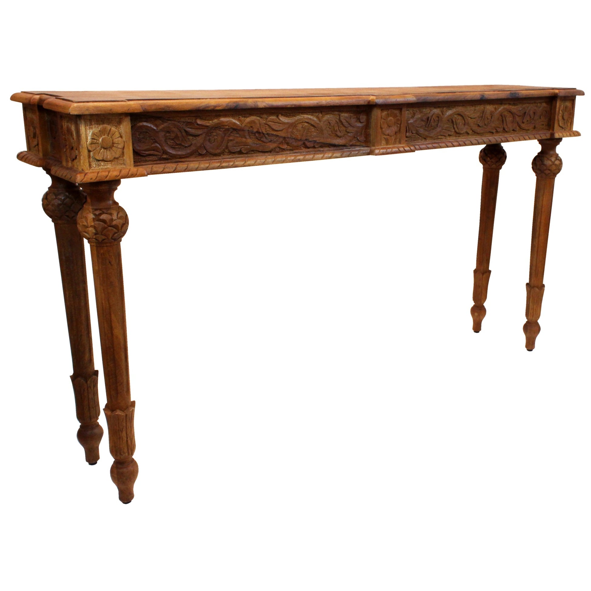 Meva Tigard 54" Walnut Console Table With Handcarved Detailing