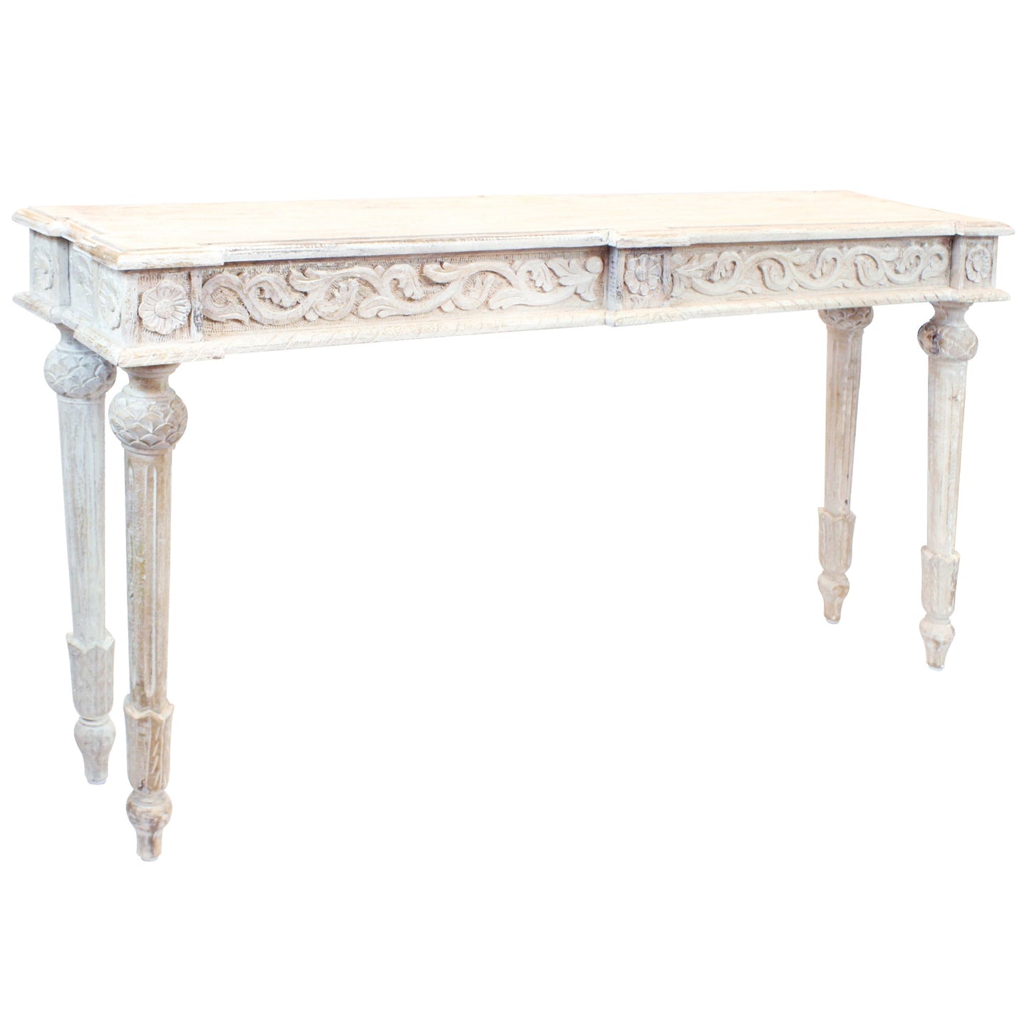 Meva Tigard 54" White Antique Console Table With Handcarved Detailing