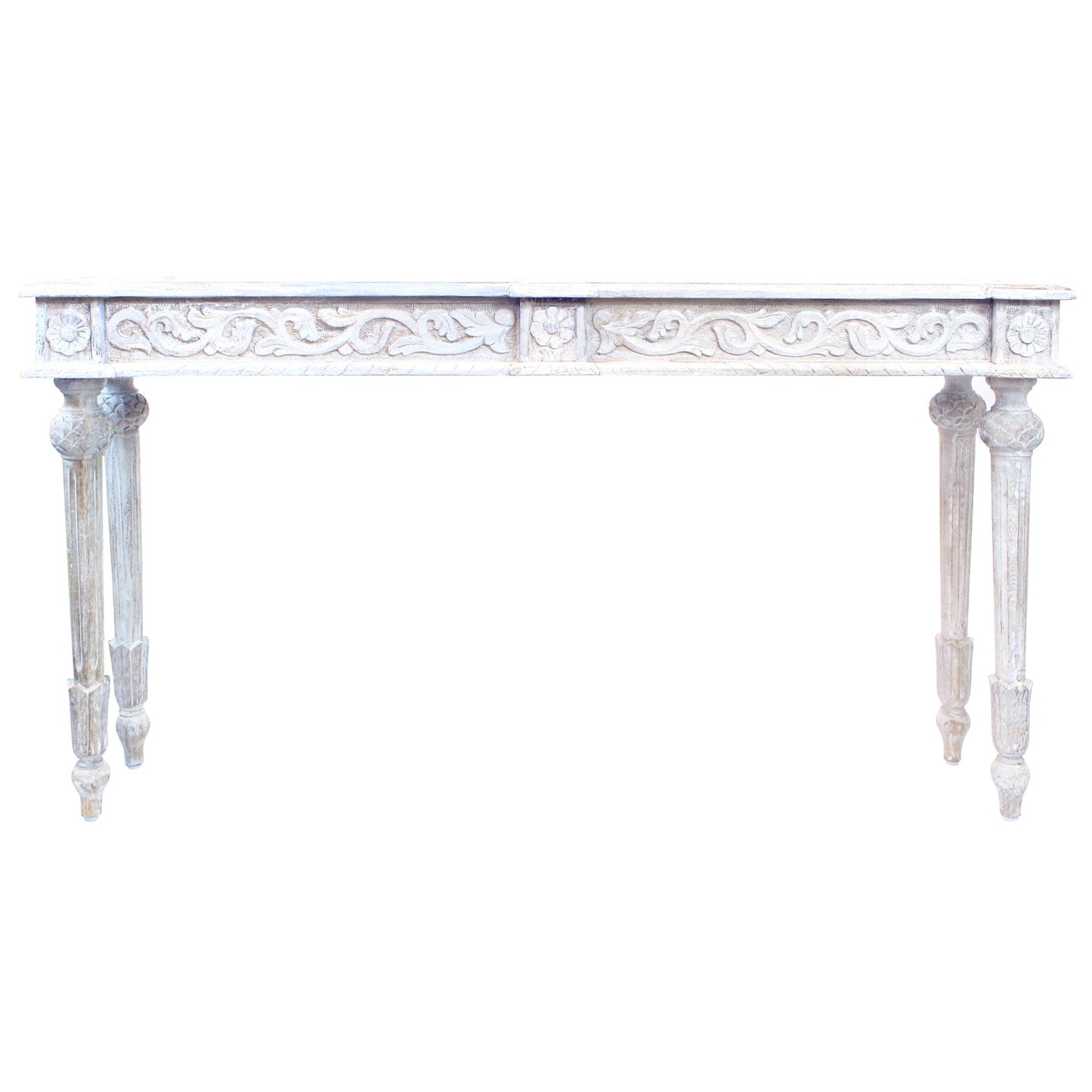 Meva Tigard 54" White Antique Console Table With Handcarved Detailing