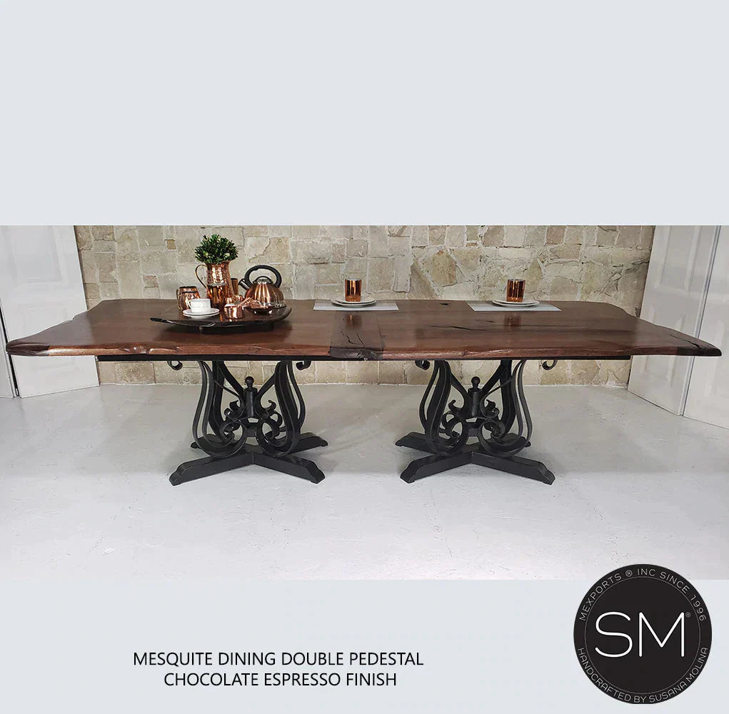 Mexports by Susana Molina 108" Luxury Mesquite Wood Top Free Form Edge Hammer Copper Inlay Double Pedestal Rectangular Dining Table