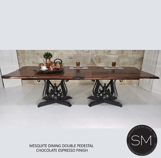 Mexports by Susana Molina 108" Luxury Mesquite Wood Top Free Form Edge No Inlay Double Pedestal Rectangular Dining Table