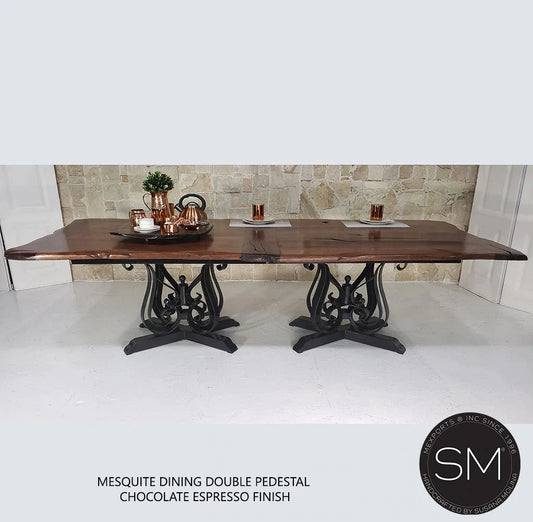 Mexports by Susana Molina 108" Luxury Mesquite Wood Top Live Edge No Inlay Double Pedestal Rectangular Dining Table