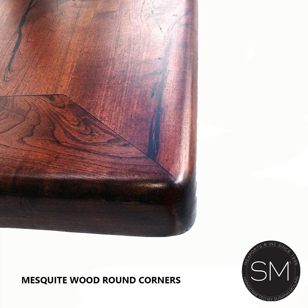 Mexports by Susana Molina 108" Luxury Mesquite Wood Top Rounded Corners Hammer Copper Inlay Double Pedestal Rectangular Dining Table