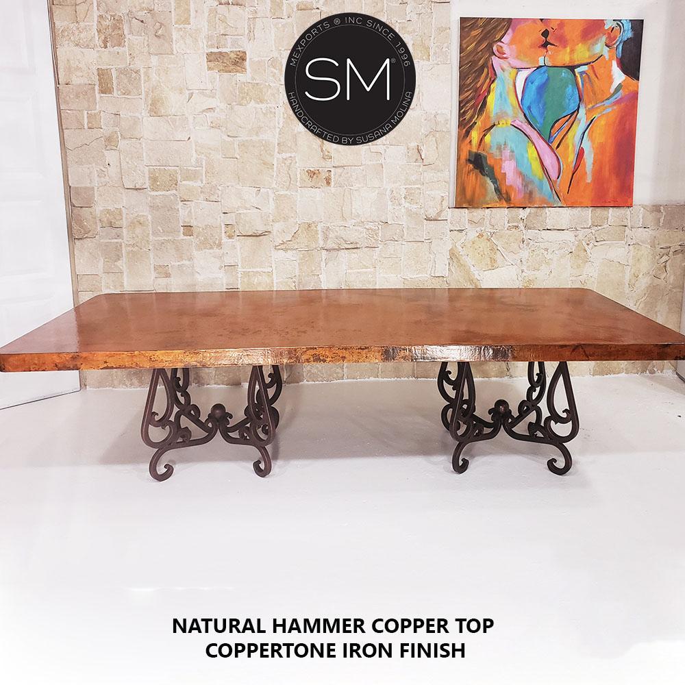 Mexports by Susana Molina 108" Natural Hammer Copper Modern Dining Table With Double Iron Pedestal