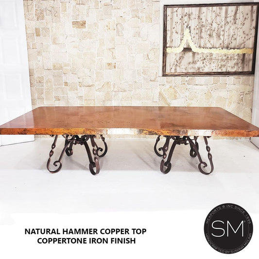 Mexports by Susana Molina 108" Natural Hammer Copper Top and Wrought Iron Double Pedestal Vintage Rectangular Dining Table