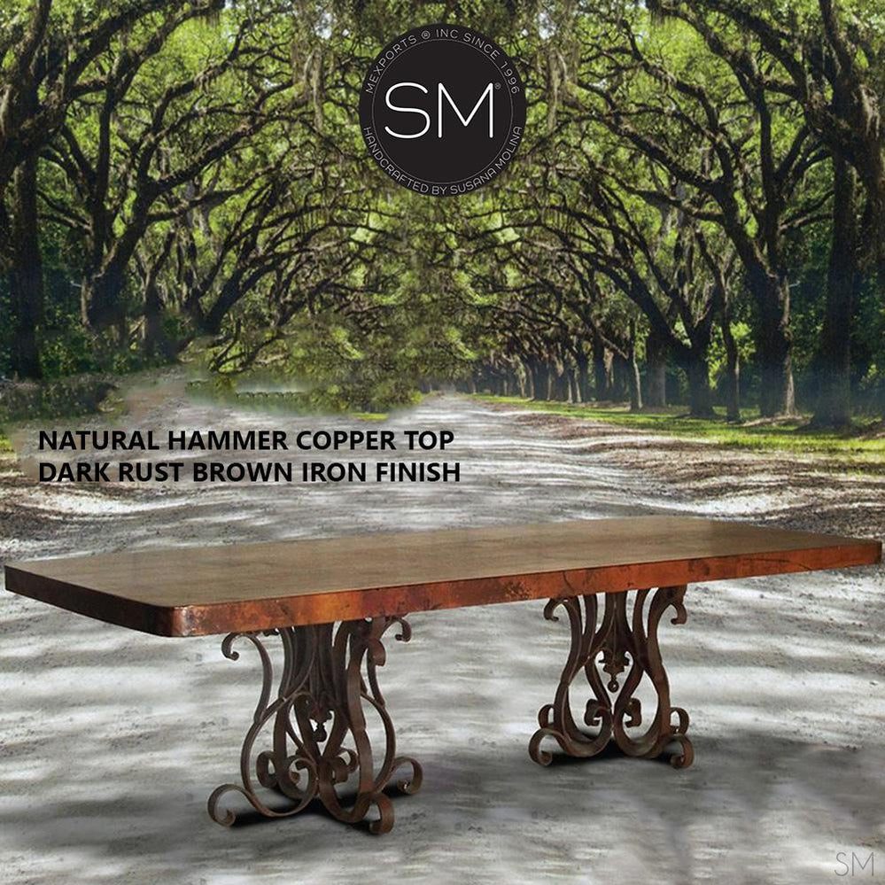 Mexports by Susana Molina 108" Natural Hammered Copper Rectangular Dining Table With Double Pedestal Wrought Iron