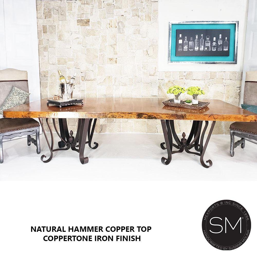 Mexports by Susana Molina 108" Oxidized Hammered Copper Top and Double Iron Pedestal Dining Table With Nailheads on Edge