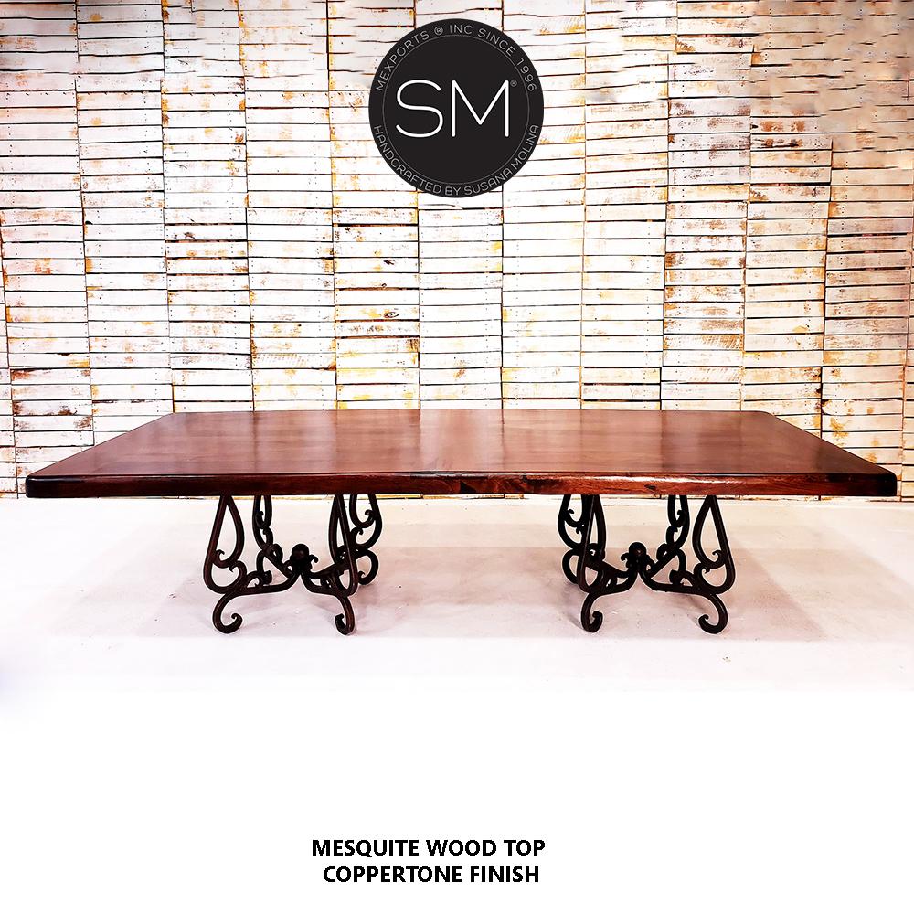 Mexports by Susana Molina 108" x 48" Mesquite Wood Top Free Form Edge Double Pedestal Rectangular Dining Table With Hammer Copper Inlay