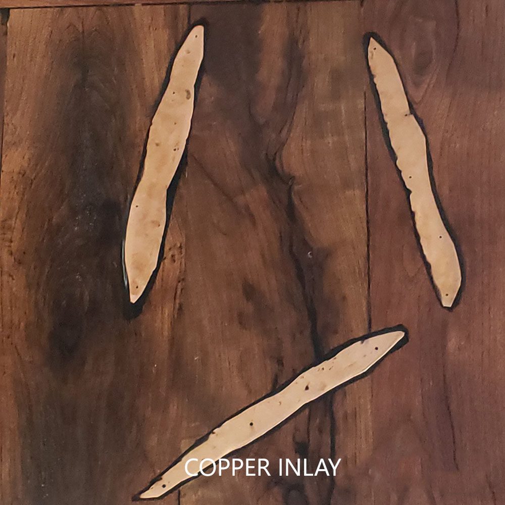 Mexports by Susana Molina 108" x 48" Mesquite Wood Top Live Edge Hammer Copper Inlay Double Pedestal Rectangular Dining Table