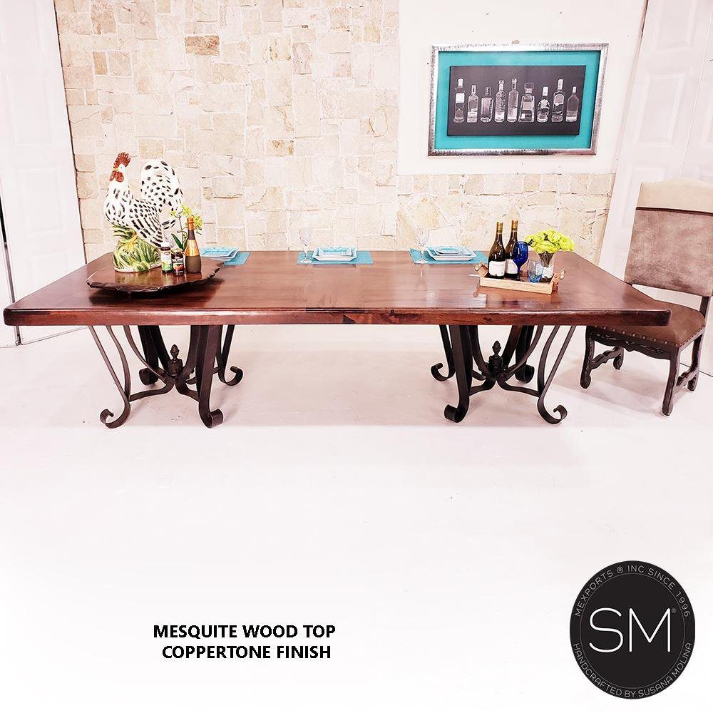 Mexports by Susana Molina 108" x 48" Mesquite Wood Top Rounded Corners Hammer Copper Inlay Double Pedestal Rectangular Dining Table