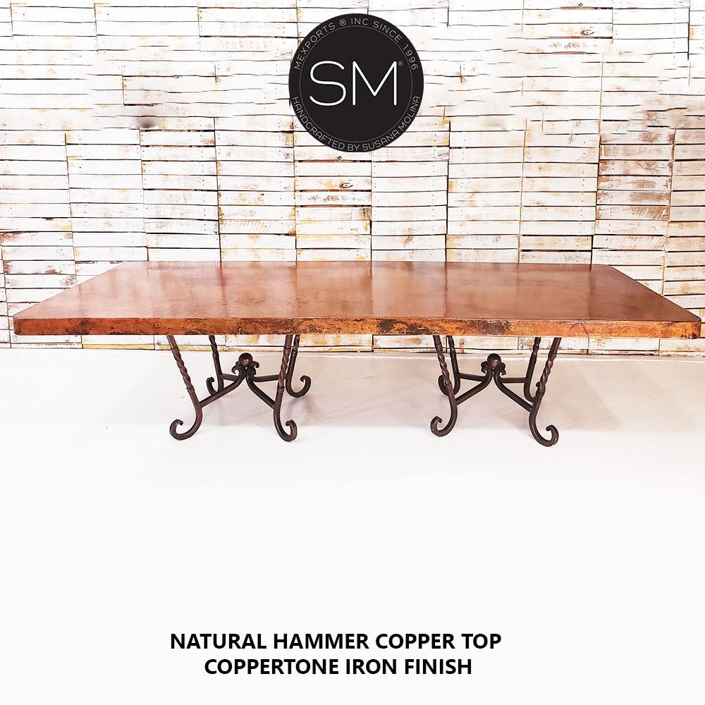 Mexports by Susana Molina 108" x 48" Natural Hammer Copper Top With Nailheads on Edge Double Pedestal Dining Table