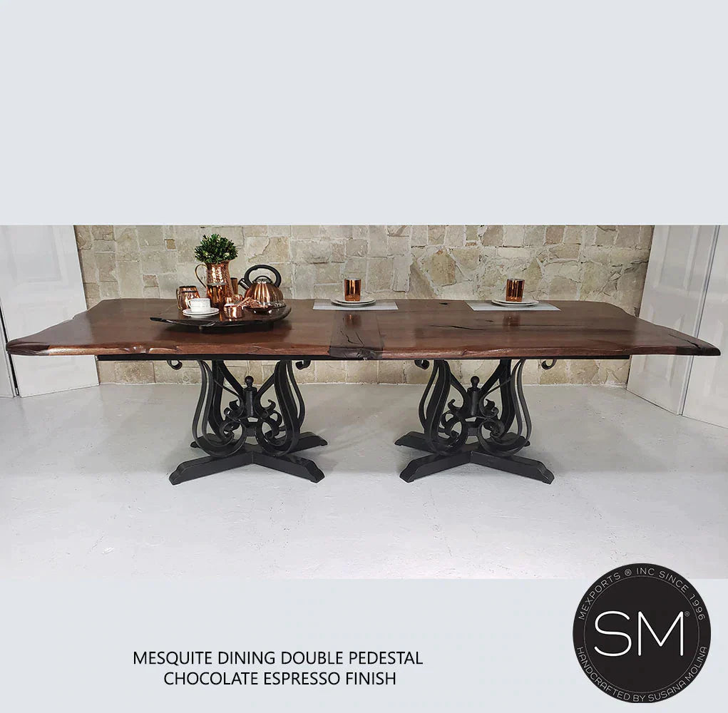 Mexports by Susana Molina 120" Luxury Mesquite Wood Top Rounded Corners Gold Citrine Inlay With Nailheads Double Pedestal Rectangular Dining Table