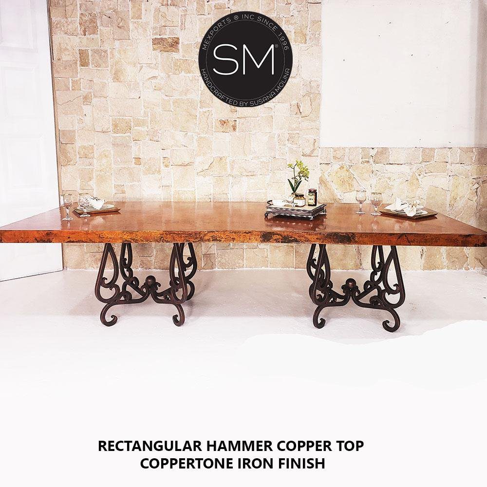 Mexports by Susana Molina 120" Natural Hammer Copper Modern Dining Table With Double Iron Pedestal