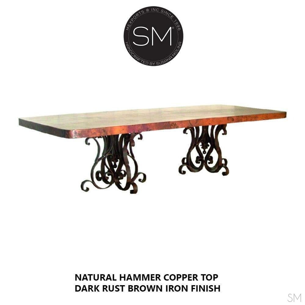 Mexports by Susana Molina 120" Natural Hammered Copper Rectangular Dining Table With Double Pedestal Wrought Iron and Nailheads