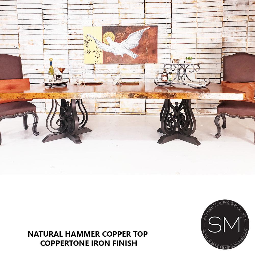 Mexports by Susana Molina 120" Natural Hammered Copper Top Spanish Style Rectangular Dining Table With Double Iron Pedestal