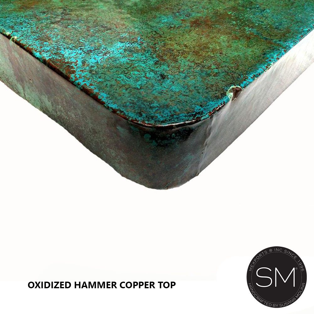 Mexports by Susana Molina 120" Oxidized Hammer Copper Modern Dining Table With Double Iron Pedestal