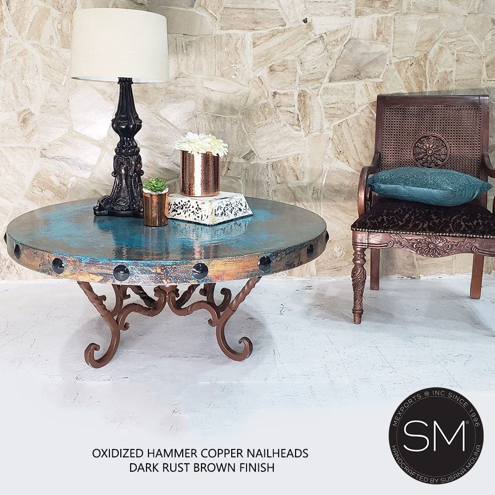 Mexports by Susana Molina 1211AAAC 38" Oxidized Hammer Copper Top With Nailheads on Edge Round Coffee Table