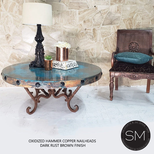 Mexports by Susana Molina 1211AAAC 48" Oxidized Hammer Copper Top With Nailheads on Edge Round Coffee Table