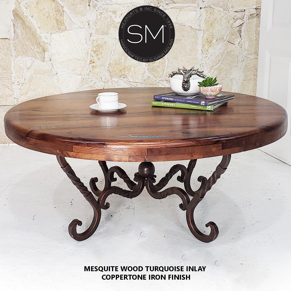 Mexports by Susana Molina 1211AAAM 48" Mesquite Wood Top Turquoise Inlay Spanish Style Round Coffee Table