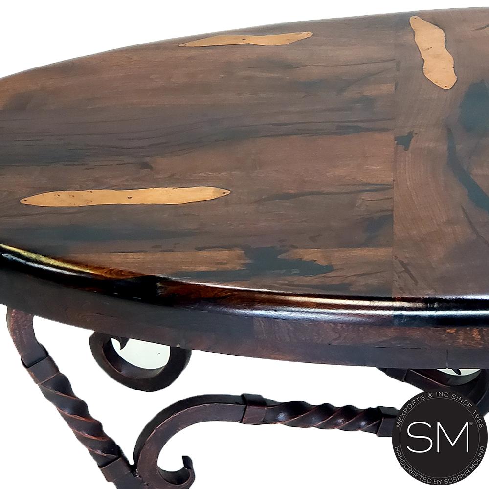 Mexports by Susana Molina 1211AAOM 60" Mesquite Solid Wood Top Hammer Copper Inlay Oval Coffee Table