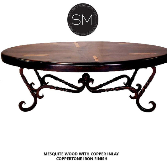 Mexports by Susana Molina 1211AAOM 60" Mesquite Solid Wood Top Hammer Copper Inlay Oval Coffee Table