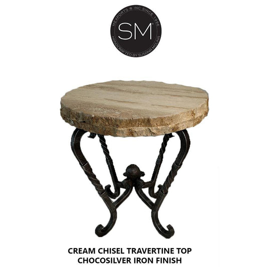 Mexports by Susana Molina 1211BBT 24" Cream Travertine Stone Top Chisel Edge Round Side Table