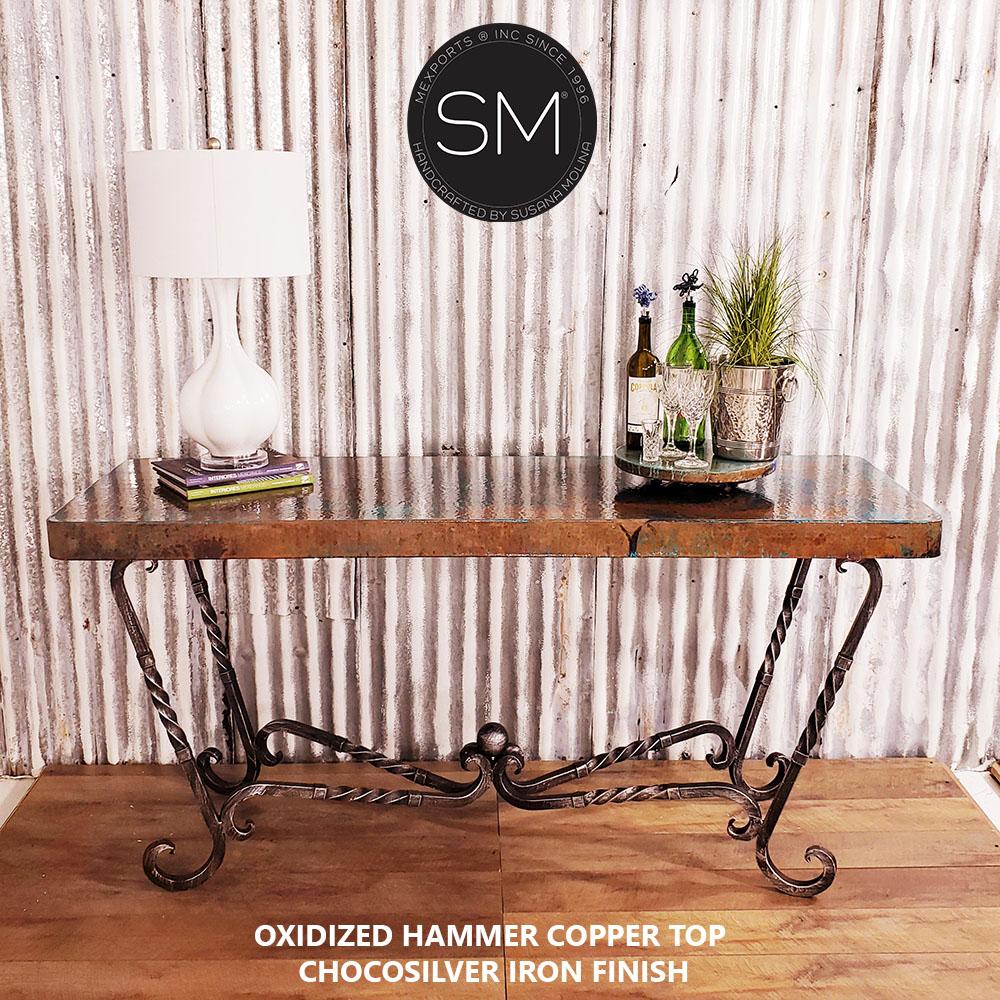 Mexports by Susana Molina 1211CC 72" Oxidized Hammered Copper With Nailheads on Edge Rectangular Console Table