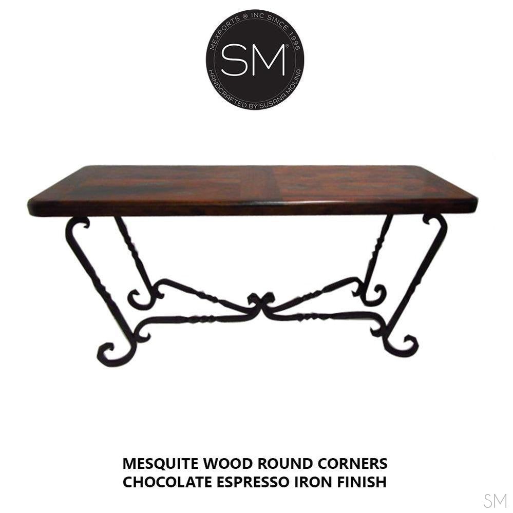 Mexports by Susana Molina 1211CM 72" Mesquite Wood Top Round Corners Turquoise Inlay With Nailheads on Edge Console Table
