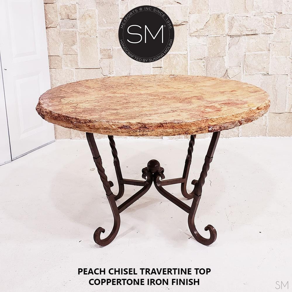 Mexports by Susana Molina 1211DT 48" Peach Travertine Stone Top Chisel Edge Western Round Dining Table