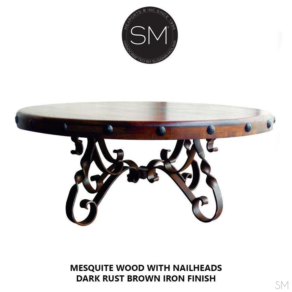 Mexports by Susana Molina 1212AAAM 48" Mesquite Wood Top Hammer Copper Inlay With Nailheads on Edge Rustic Round Coffee Table